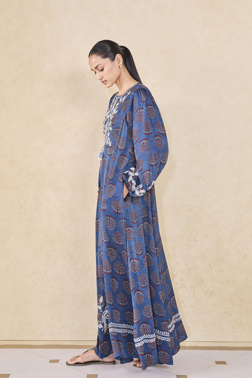 Aze Handcrafted Ajrakh Kaftan - Blue, Blue, image 3